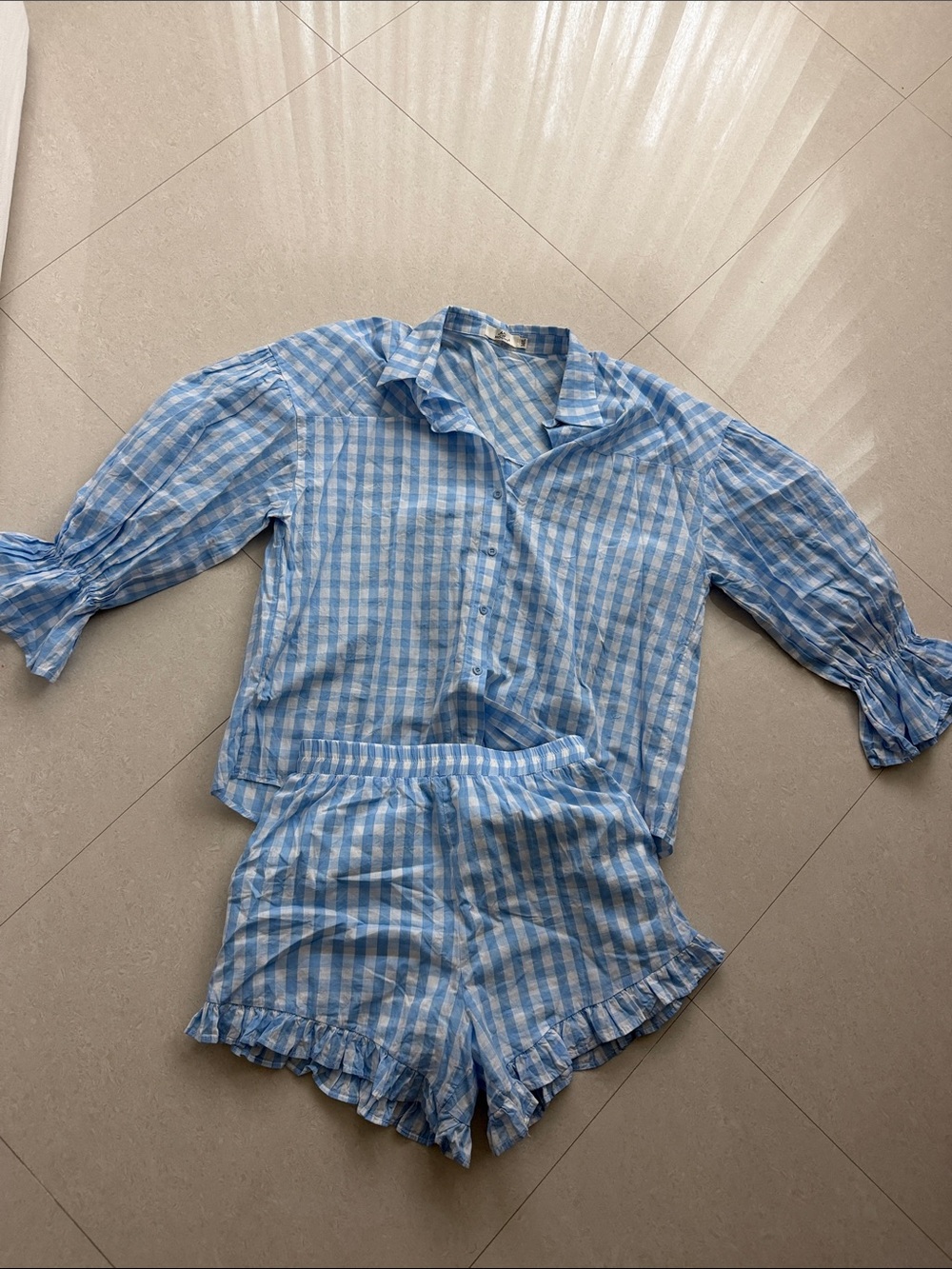 Blue Gingham Set - Lightweight Button-Up Top & Shorts